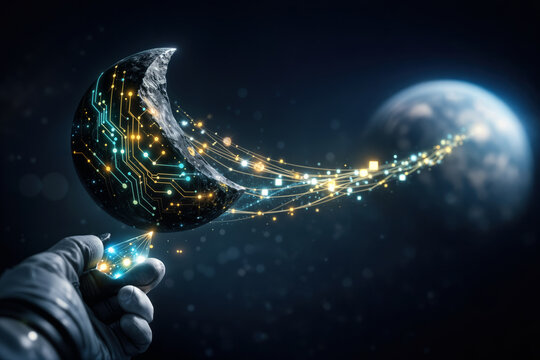 Obsidian circuit moon fragment streaming neon cyan and gold data bridge to Earth with astronaut hand holding glowing data shard Artemis lunar communications future telecommunications network