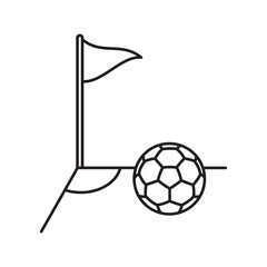 Linear icon representing a football corner kick with a corner flag and ball on the field line. Editable stroke vector illustration for sports design. © Tetiana