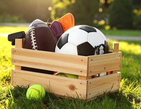 Sports equipment in wooden crate outdoors.