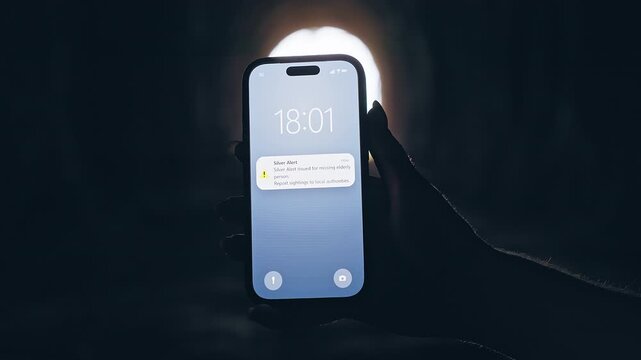 Smartphone Showing Silver Alert Notification in Dark Tunnel With Bright Light Background, Cinematic Public Safety Scene About Missing Elderly Person Search