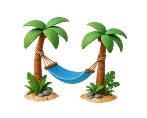 Obraz premium Minimal 3D tropical hammock between palm trees with island sand and plants isolated on white background.