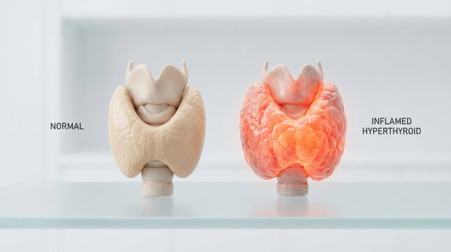 Normal thyroid gland vs inflamed hyperthyroid showing balanced thyroid function compared with hyper and hypothyroidism conditions in medical health concept