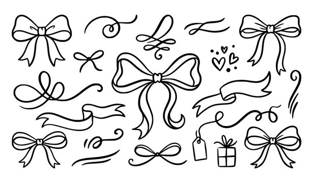 Elegant gift ribbon bow doodle vector set with minimal line stroke isolated on white background