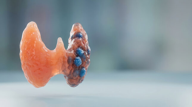 Thyroid gland model showing balanced function vs hyper and hypothyroidism conditions with detailed anatomy and blue nodules representing thyroid health issues in medical concept