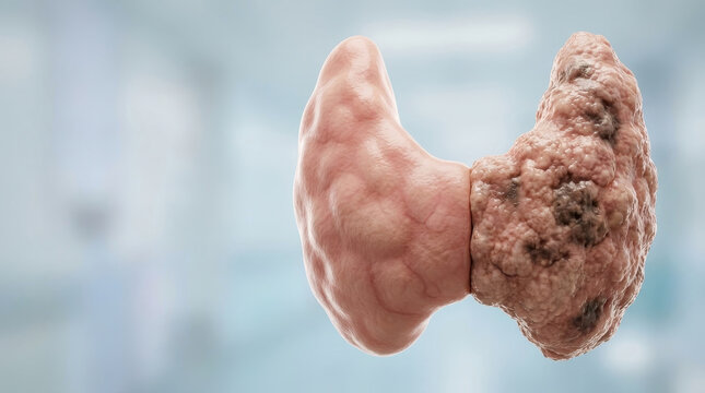 Balanced thyroid is essential for health as it helps distinguish hyper vs hypothyroidism conditions shown by contrast between normal and diseased gland tissue