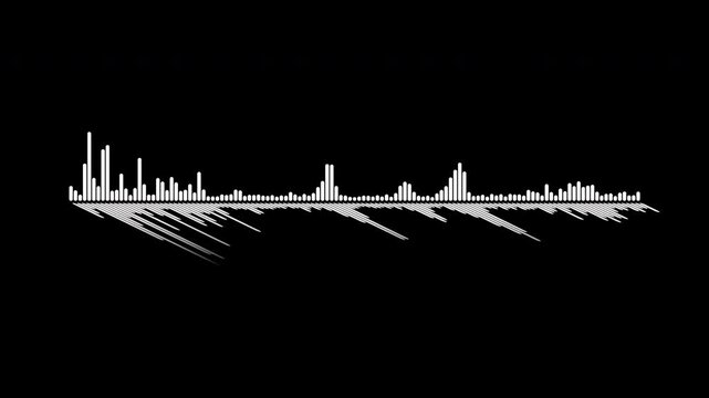 Minimal white audio waveform and spectrum bars animation on dark background. Modern sound visualizer for music videos, podcasts, and technology projects.