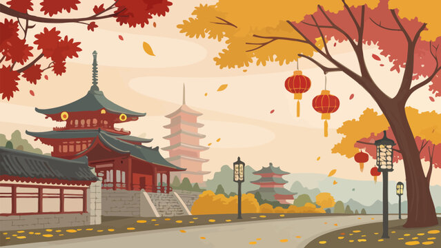 Illustration of a chinese temple with pagodas and lanterns in autumn