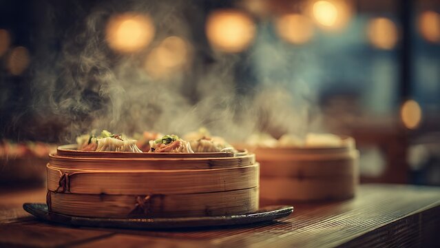 Steaming dim sum in bamboo steamer.
