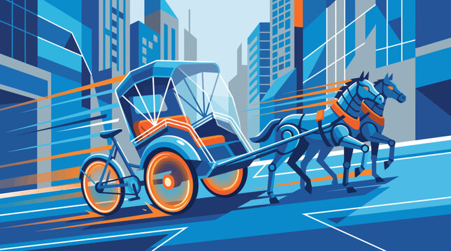 Horse drawn carriage in modern cityscape.