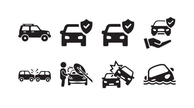 Car insurance icons set, vehicle accident and road safety pictograms, 8 black vector symbols for automotive protection and traffic collision services