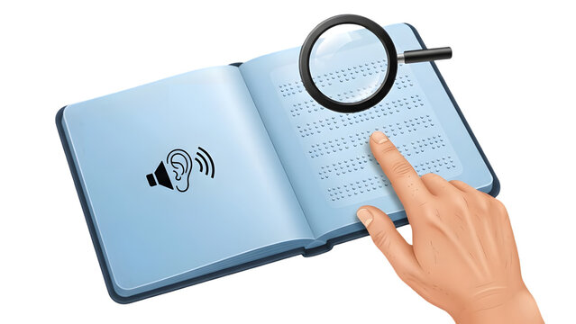 Inclusive education concept featuring open book with braille text listening ear symbol and magnifying glass tool on checkered background illustration.