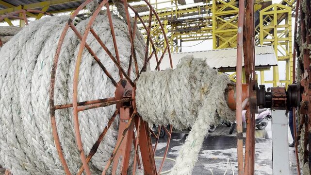 Marine Rope Spool and Red Winch Frame at Coastal Cargo Dock Southern Thailand