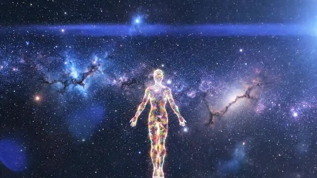 Human form rendered from particles in space as a spiritual symbol of consciousness, creation and imagination