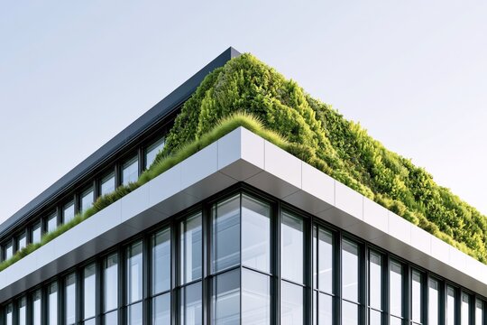 Modern eco friendly office building exterior. Glass facade with green roof, vertical garden, clear sky and copy space.