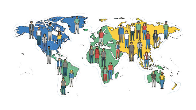 Global Community on World Map: Diverse group of people representing different cultures and continents stand on a stylized world map, symbolizing global connection and unity.