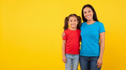 Obraz premium Smiling latina woman hugging young latina girl against yellow wall. Happy mother and daughter portrait. Family affection and bonding concept
