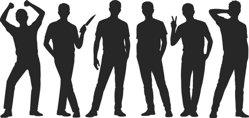 Silhouettes of standing human figures in expressive poses showing diverse gestures and body language on white background © Mr Ashik02