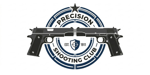 Modern flat P1911 pistol badge vector with minimal geometric shooting emblem design isolated on white © Kabbo