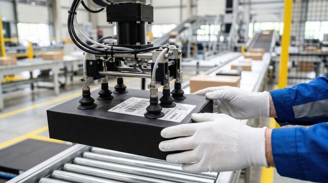 Robotic arm with vacuum grippers sorting parcels on a conveyor belt under technician supervision. Advanced automation in high-end logistics and e-commerce fulfillment center.