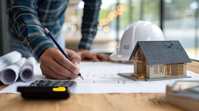 Architectural Design and Planning Process with Blueprints and Model House.