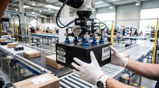 Robotic arm with vacuum grippers sorting parcels on a conveyor belt under technician supervision. Advanced automation in high-end logistics and e-commerce fulfillment center.