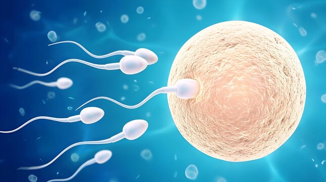 Microscopic 3D illustration of sperm cells swimming towards a large textured ovum egg cell, symbolizing human fertilization, reproduction process, biology, and new life creation