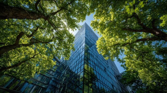 Modern triangular glass building facade peaking through the vibrant green leaves of city trees.