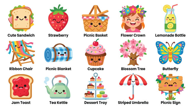 A delightful collection of cute, kawaii-style illustrations featuring picnic essentials and charming characters, perfect for summer themes.
