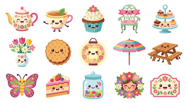 Cute Kawaii Style Illustrations of Teatime Treats, Flowers, and Garden Elements.