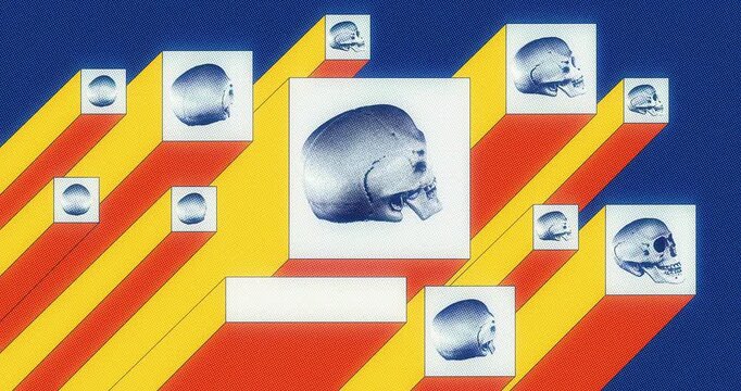 Abstract brutalism motion graphic background with 3d isometric columns and human skulls, retro comic halftone texture, gothic punk and streetwear style seamless loop