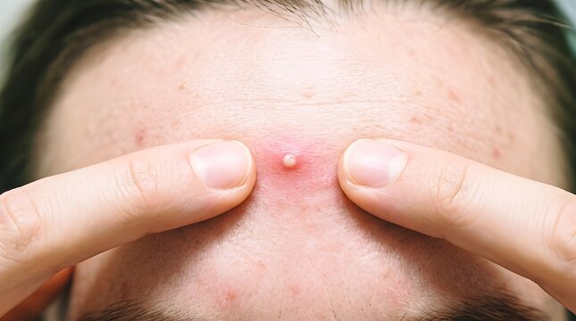 Close up of a person's fingers popping and squeezing a large inflamed whitehead pimple on the forehead, showing skin blemishes, acne breakouts, and dermatology care in realistic texture.