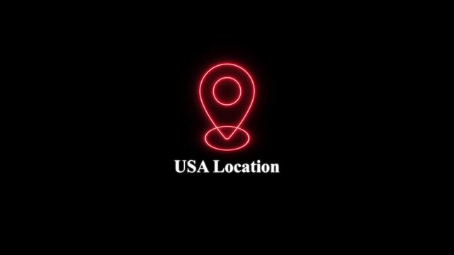 Usa location neon map pin animation on black background, for travel, logistics, and navigation projects
