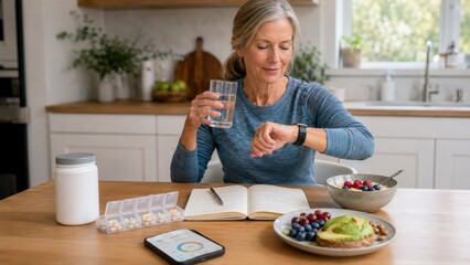 Fototapeta premium Women preventive health routine with mature woman tracking wellness habits at breakfast, showing midlife self care, hydration and proactive daily health management.