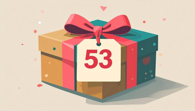 Nicely wrapped birthday present. Label with number 53 on it
