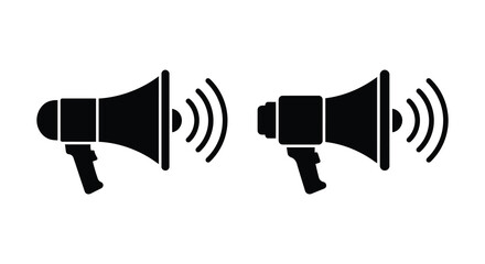 Two handheld megaphone silhouettes with sound waves black on white background silhouette © Rakib