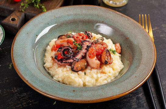 Creamy Seafood Risotto Served in Elegant Plate