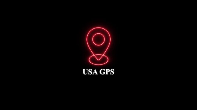 Usa gps location pin animation with glowing red neon effect on black background, for navigation and, travel tech