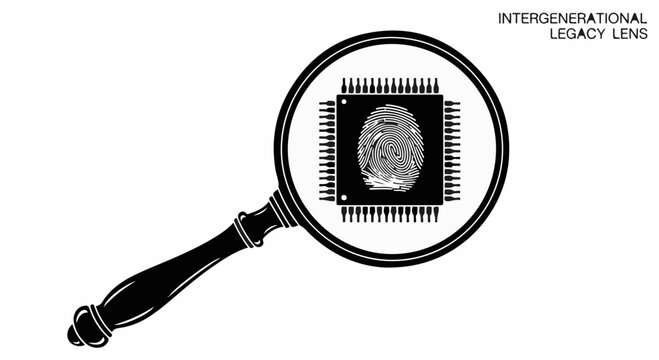 Magnifying glass reveals fingerprint on microchip, symbolizing technological legacy and data.