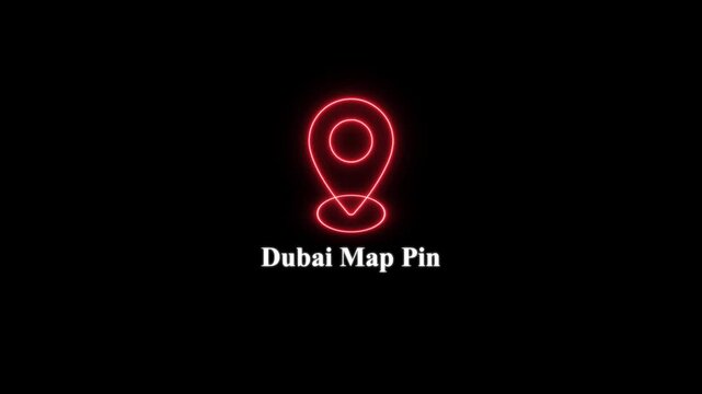 Glowing neon dubai map pin animation on black background, for travel, tourism, and location services marketing