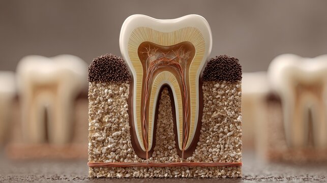 Detailed Cross-Section of a Human Tooth Showing Anatomy and Roots.