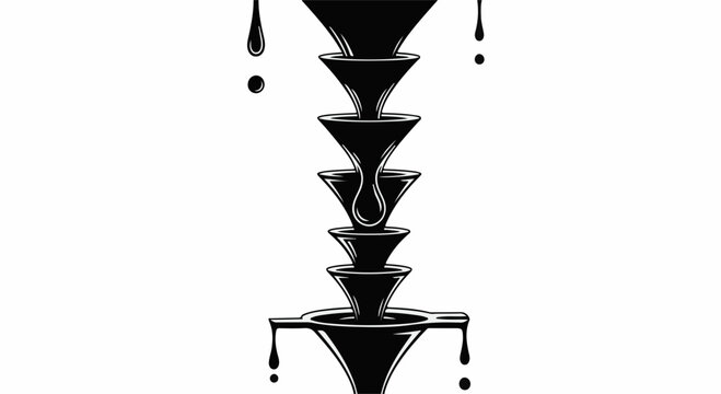 Viscous black liquid cascading through stacked funnels in a mesmerizing flow