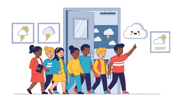 Weather Class Adventure: Diverse group of children enthusiastically enter a classroom displaying various weather condition illustrations, including a smiling cloud.