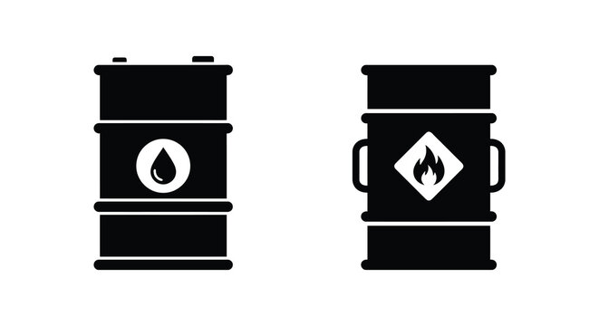 Oil drum and flammable liquid barrel silhouettes on white background
