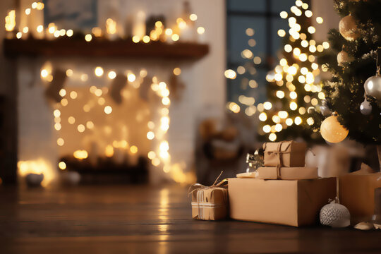 Cozy holiday scene with twinkling lights and wrapped gifts