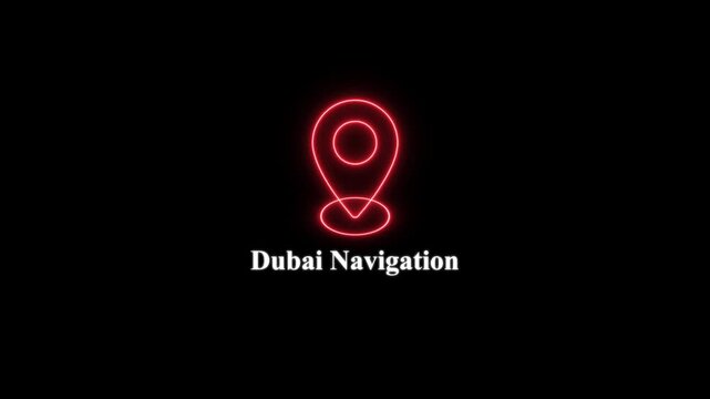 Dubai navigation concept with glowing red map pin and minimalist typography on black background location
