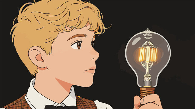 Retro Anime Boy Holding Glowing Edison Light Bulb