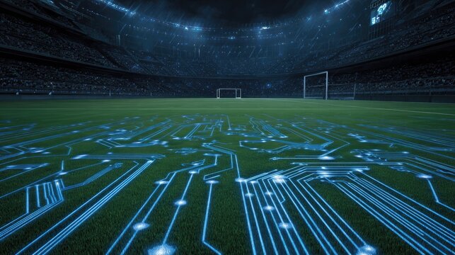 Futuristic Soccer Stadium with Digital Circuitry Overlay.