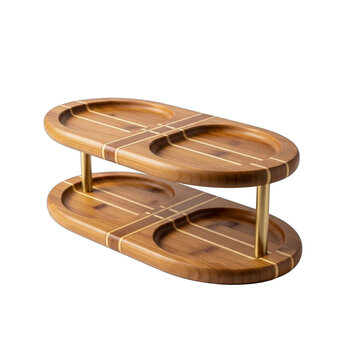 Two tier wooden serving tray with brass accents