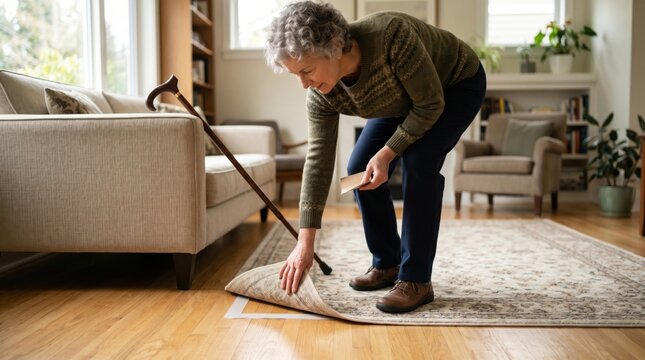 Healthy aging home safety scene showing trip hazard prevention in living room, supporting senior independence, fall prevention and everyday care.