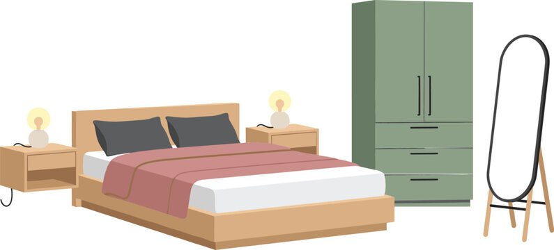 Modern Bedroom Interior Vector Illustration Featuring Bed Wardrobe Nightstands and Full Length Mirror Furniture Set